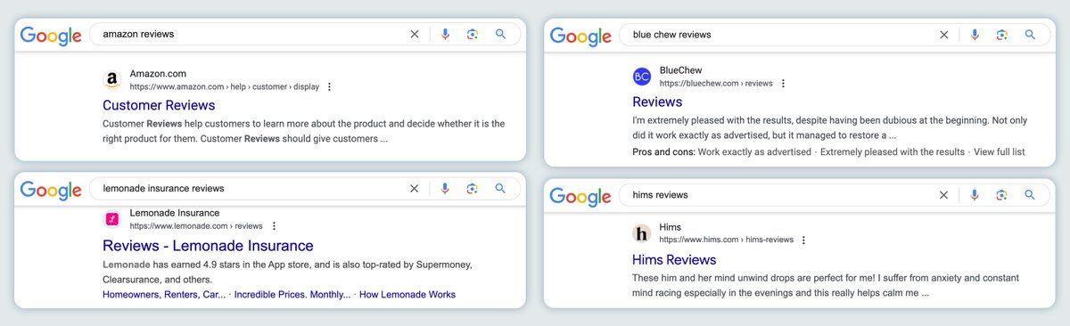 Reviews about a business that are posted on that same business’s website are not helpful content. Consumers need honest, impartial reviews, yet Google is so obsessed with big brands that it automatically puts the brand’s site first.