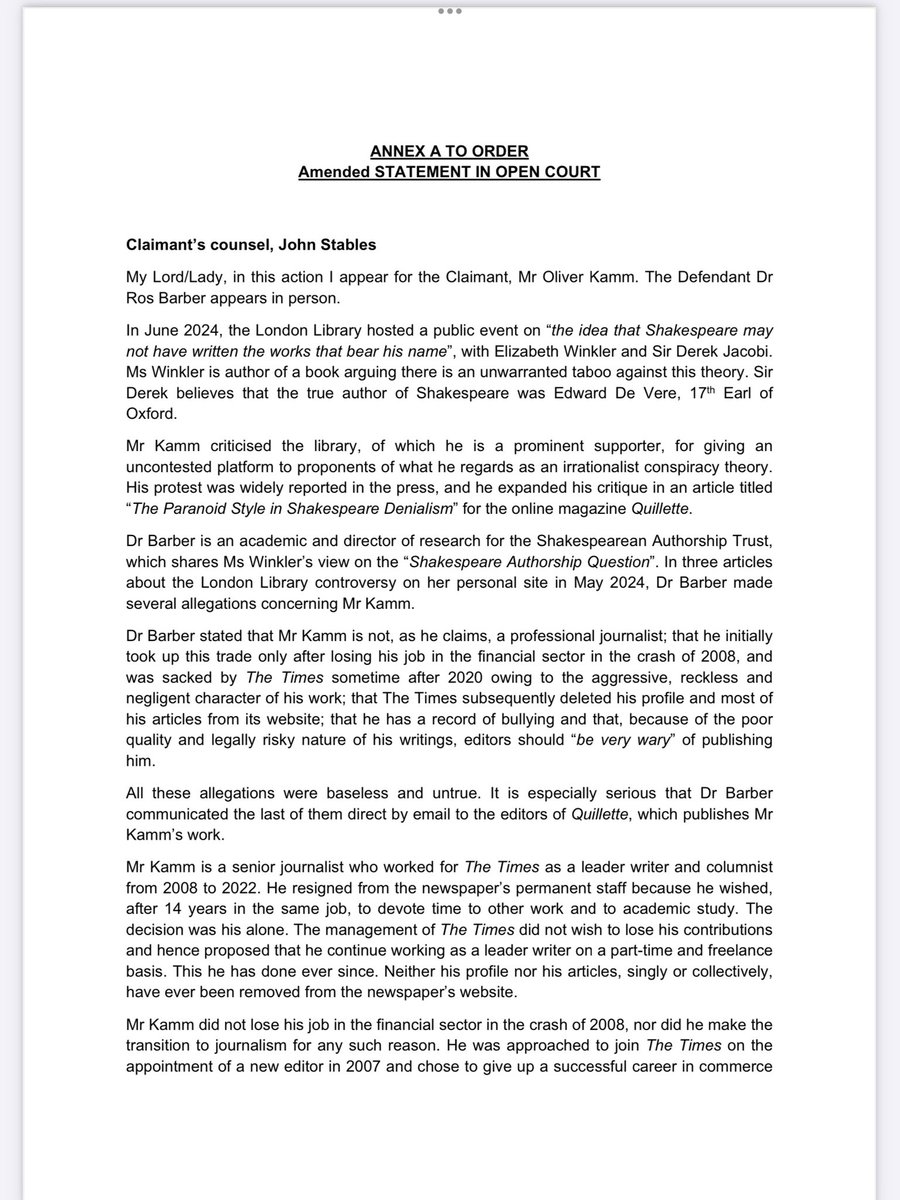 OliverKamm's tweet image. In June, @TheLondonLib hosted an event arguing that Shakespeare may not have been the true author of the works bearing his name. I protested. At the High Court today, Dr Ros Barber, a prominent academic proponent of this theory, apologised to me for a series of false allegations.