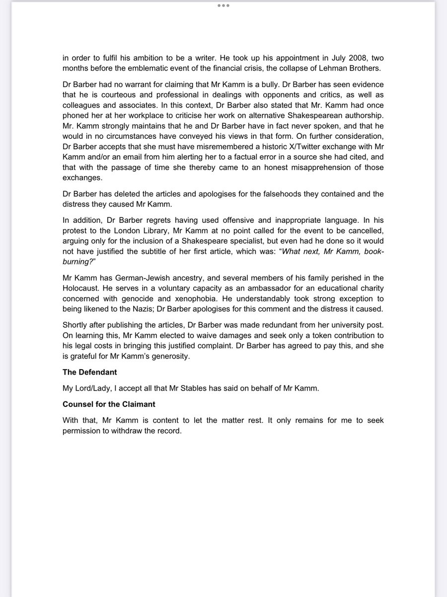 OliverKamm's tweet image. In June, @TheLondonLib hosted an event arguing that Shakespeare may not have been the true author of the works bearing his name. I protested. At the High Court today, Dr Ros Barber, a prominent academic proponent of this theory, apologised to me for a series of false allegations.