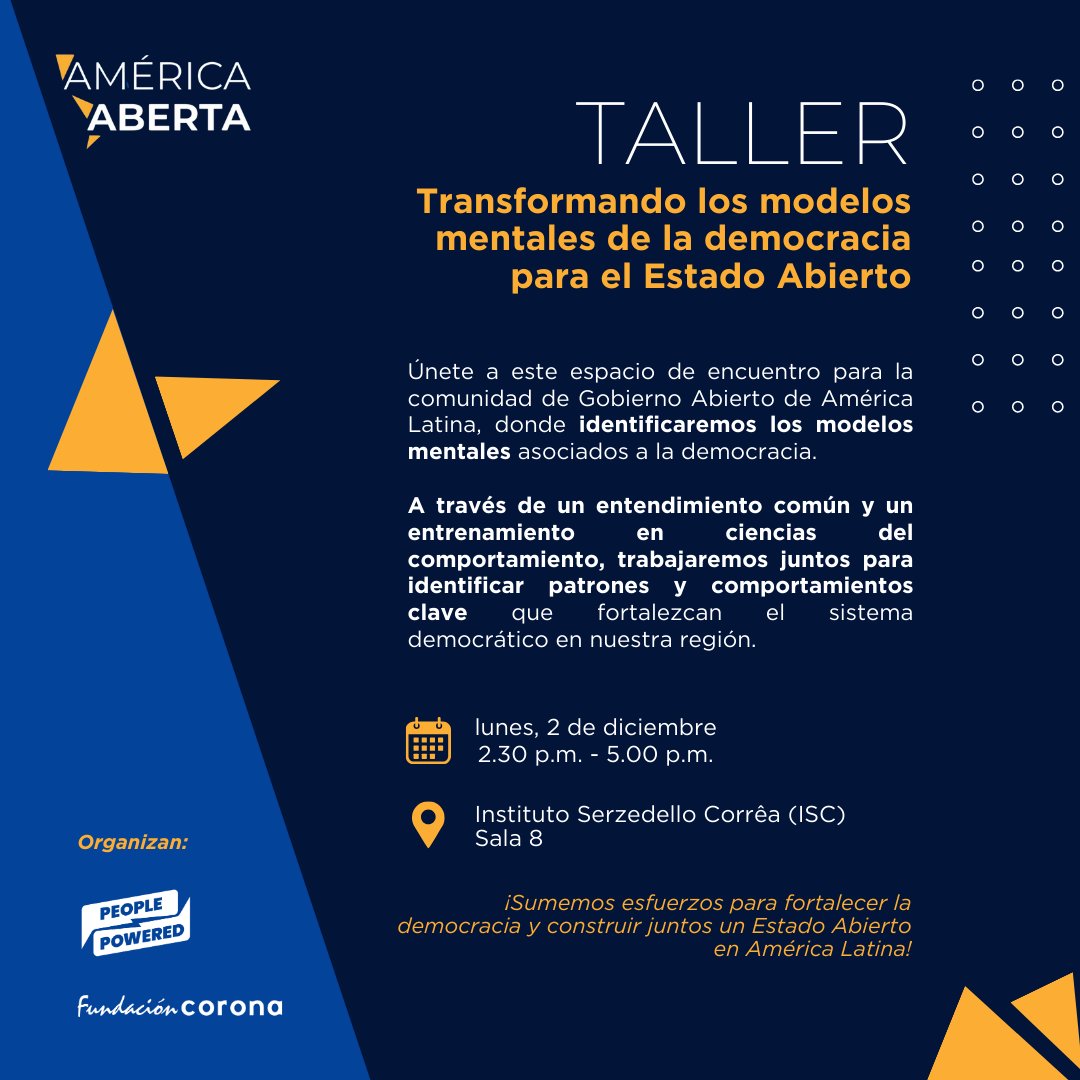 Fundación Corona (@fundcorona) on Twitter photo Del 2 al 6 de diciembre participaremos en América Abierta. En este marco, lideraremos, junto a <a href="/PeoplePowrd/">People Powered</a>, un taller sobre modelos mentales y fortalecimiento de la democracia.
Regístrate aquí: forms.office.com/pages/response…
Cupos limitados. Del 2 al 6 de diciembre participaremos en América Abierta. En este marco, lideraremos, junto a <a href="/PeoplePowrd/">People Powered</a>, un taller sobre modelos mentales y fortalecimiento de la democracia.
Regístrate aquí: forms.office.com/pages/response…
Cupos limitados.