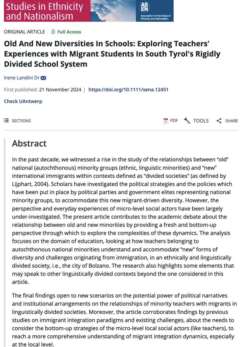 Migloba: Network on Migration and Global Mobility (@migloba) on Twitter photo 🚨New Publication by <a href="/migloba/">Migloba: Network on Migration and Global Mobility</a> member Irene Landini:
"Old And New Diversities in Schools: Teachers’ Experiences with Migrant Students in South Tyrol."
How do #minority and majority #teachers in divided societies navigate #diversity linked to #immigration?
onlinelibrary.wiley.com/doi/10.1111/se… 🚨New Publication by <a href="/migloba/">Migloba: Network on Migration and Global Mobility</a> member Irene Landini:
"Old And New Diversities in Schools: Teachers’ Experiences with Migrant Students in South Tyrol."
How do #minority and majority #teachers in divided societies navigate #diversity linked to #immigration?
onlinelibrary.wiley.com/doi/10.1111/se…