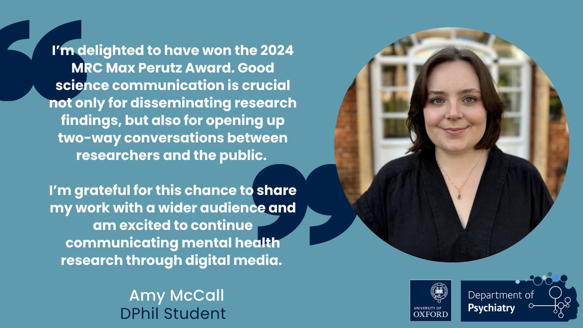 Oxford Psychiatry (@oxpsychiatry) on Twitter photo Congratulations to DPhil student Amy McCall <a href="/amycmccall/">Amy McCall</a> for winning the MRC Max Perutz Award, for her video explaining the importance of researching panic disorder in young people.
Watch Amy's video here: tinyurl.com/3ar9cb55 Congratulations to DPhil student Amy McCall <a href="/amycmccall/">Amy McCall</a> for winning the MRC Max Perutz Award, for her video explaining the importance of researching panic disorder in young people.
Watch Amy's video here: tinyurl.com/3ar9cb55