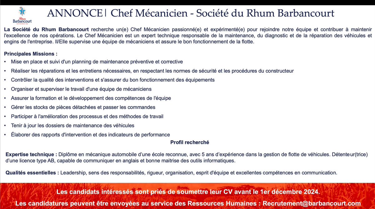 DelphineGardere's tweet photo. Rhum Barbancourt recrute! 
Nous sommes à la recherche d’un chef mécanicien.
Envoyez votre CV à: recrutement@barbancourt.com https://t.co/6fSfsg2QBZ