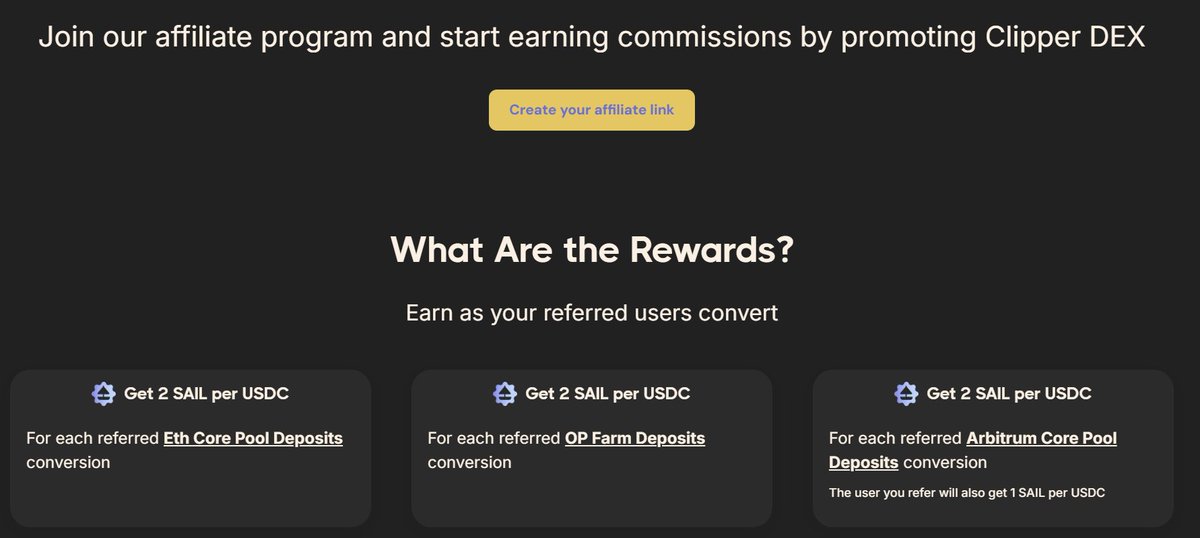 Hi fam, did you know that you can earn $SAIL rewards with Clipper's Affiliate Program? 💰

Create your link and refer users!

app.fuul.xyz/referrals/clip…

🏆 Rewards:
✅ 2 SAIL per $1 in ETH Core Pool Deposits
✅ 2 SAIL per $1 in OP Farm Deposits
✅ 2 SAIL per $1 in Arb Core Pool