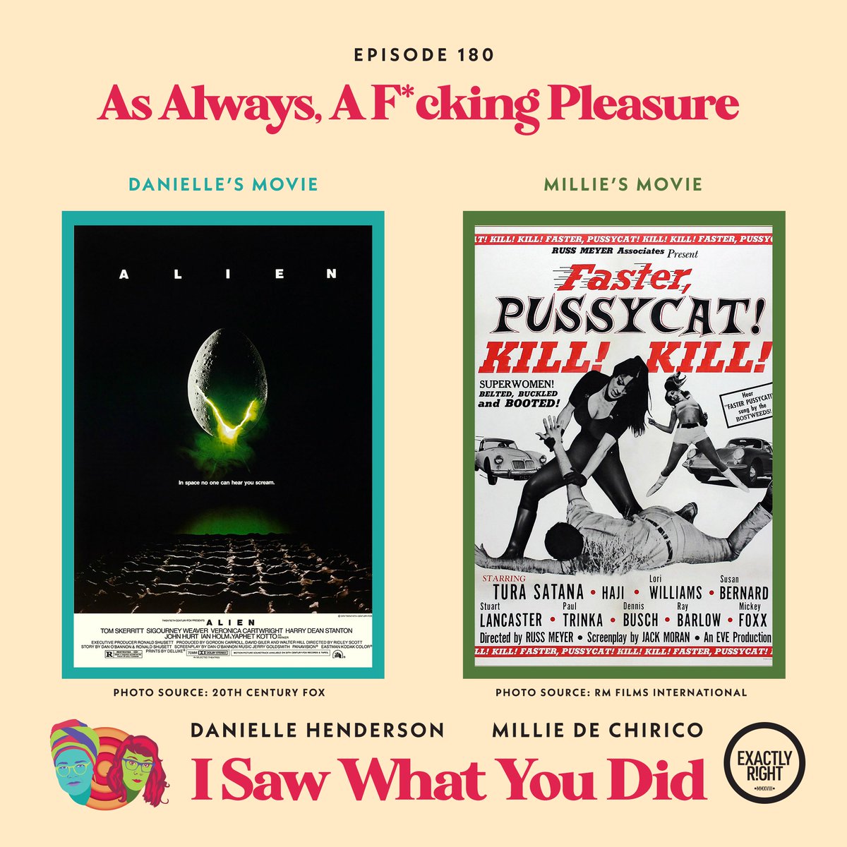 Today! For the final episode of I Saw What You Did, Millie and Danielle discuss FASTER, PUSSYCAT! KILL! KILL! (1965) and ALIEN (1979), their recent live show, the history of the podcast, and making beets. Thanks for the past four years — we love you!