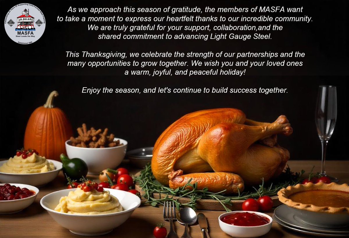 MASFA_Steel's tweet photo. MASFA and its members wish you a Happy Thanksgiving!

https://t.co/wEDUtezQlP

#MASFA_Steel, @MASFA_Steel, @aisisteel, @buildsteelorg, #BuildSteel, #CFSteel, @CFSteelIndustry, #CFSEI , @CFSteelIndustry https://t.co/zGa5CXeRGe