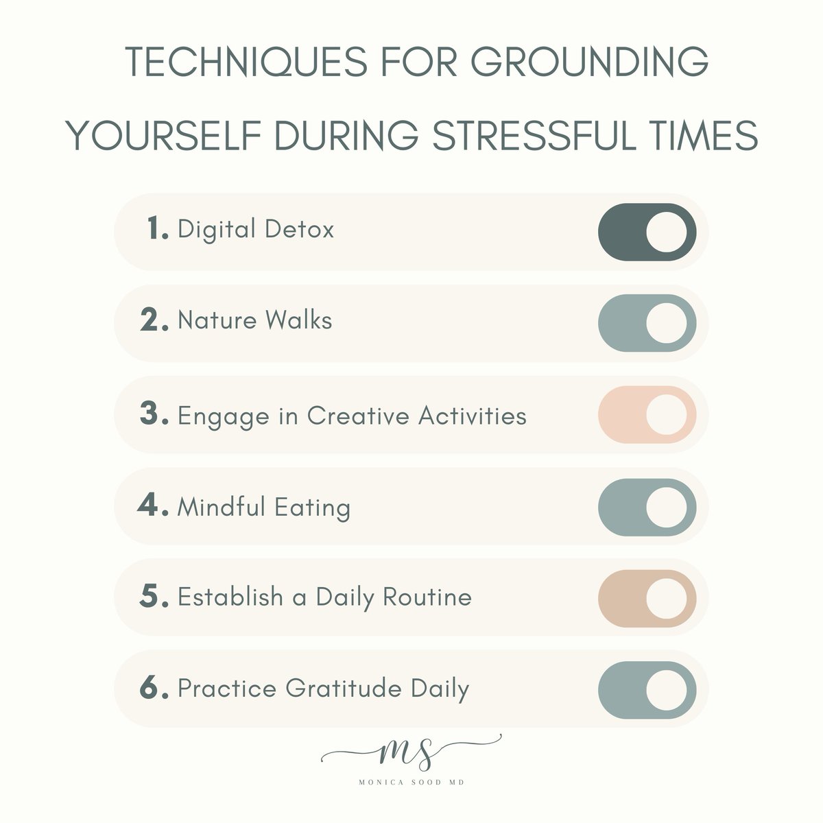 monicasoodmd's tweet photo. 6 techniques for grounding yourself during stressful times ❤️
#stresslesslivemore #mentalhealthwarrior #stressreduction #parasympatheticnervoussystem #functionalmedicine #stressrelief #funcionalmedicinedoctor #stresshormones #grounding #hormonebalance https://t.co/B2auX6YHYA