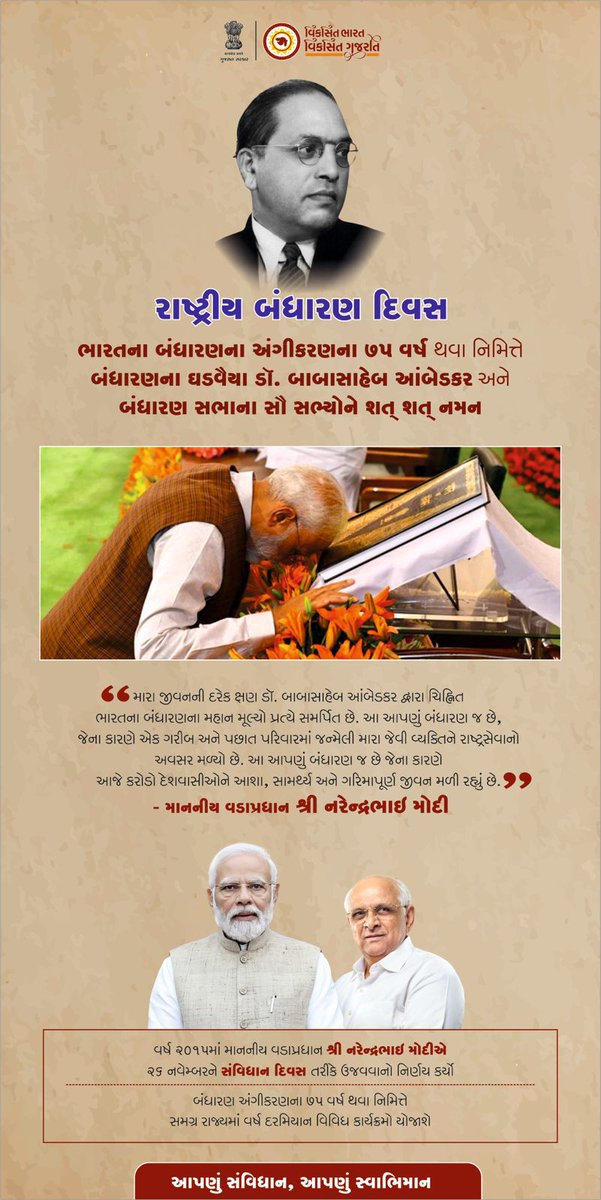 collectorcu's tweet photo. વર્ષ 2015 માં માનનીય વડાપ્રધાન શ્રી નરેન્દ્રભાઈ મોદીએ 26 નવેમ્બરને 'બંધારણ દિવસ' તરીકે ઉજવવાનો નિર્ણય કર્યો હતો.

એક ભારત-શ્રેષ્ઠ ભારતની પરિકલ્પનાને સાકાર કરતા રાષ્ટ્રીય બંધારણ દિવસે આવો, આપણે સૌ રાષ્ટ્રહિત માટે કર્તવ્યબદ્ધ થવાનો સંકલ્પ લઈએ.

#75YearsOfConstitution https://t.co/VBGxi8YdlG