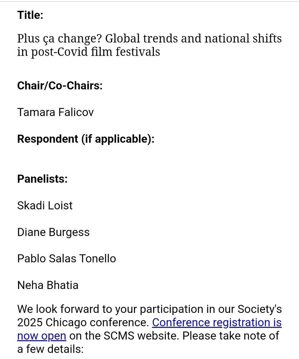 Dr. Neha Bhatia👩🏻‍🏫 (@inehabhatia) on Twitter photo I’m delighted to share that our panel has been accepted for <a href="/SCMStudies/">SCMS</a> Annual Conference 2025. Many thanks to <a href="/SkadiLoist/">Skadi Loist</a> <a href="/diane_burgess/">Diane Burgess</a> <a href="/TamaraFalicov/">Tamara Falicov</a> <a href="/Pablosalast89/">Pablo Salas Tonello</a> for putting it together. Looking forward to seeing y’all in Chicago! #SCMS2025
#AcademicTwitter I’m delighted to share that our panel has been accepted for <a href="/SCMStudies/">SCMS</a> Annual Conference 2025. Many thanks to <a href="/SkadiLoist/">Skadi Loist</a> <a href="/diane_burgess/">Diane Burgess</a> <a href="/TamaraFalicov/">Tamara Falicov</a> <a href="/Pablosalast89/">Pablo Salas Tonello</a> for putting it together. Looking forward to seeing y’all in Chicago! #SCMS2025
#AcademicTwitter