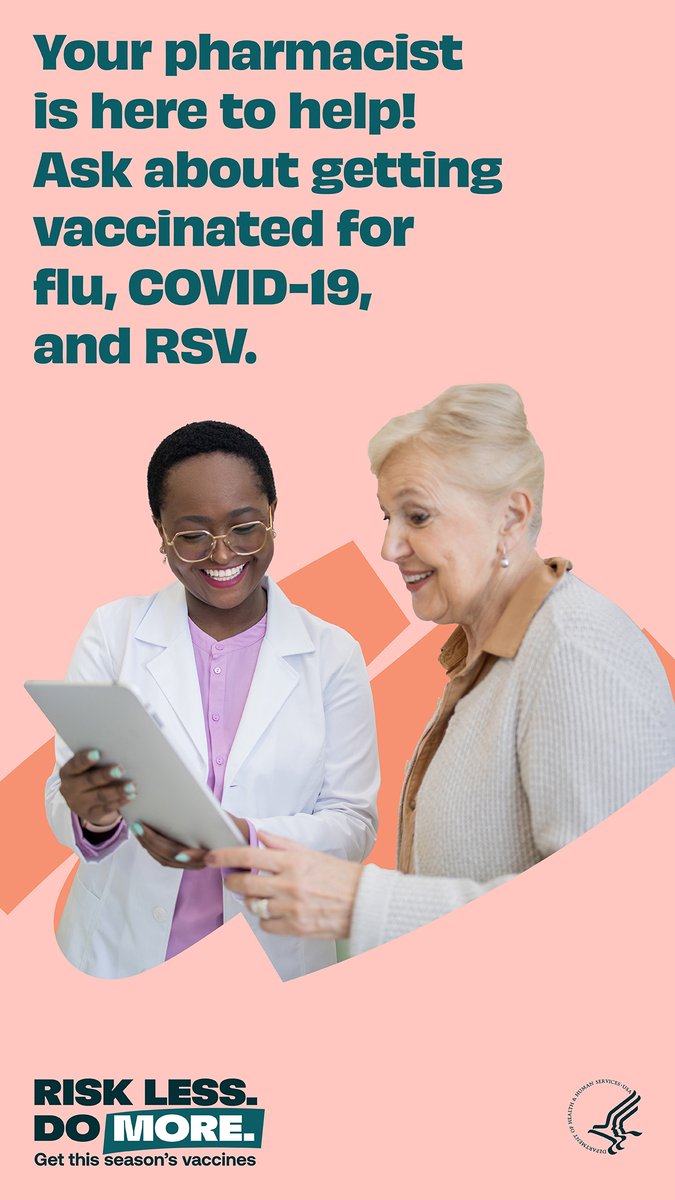 Vaccines can help keep you from getting seriously ill with flu, COVID-19, and RSV. Stop by a pharmacy to learn how, so you can #RiskLessDoMore. Get started at vaccines.gov