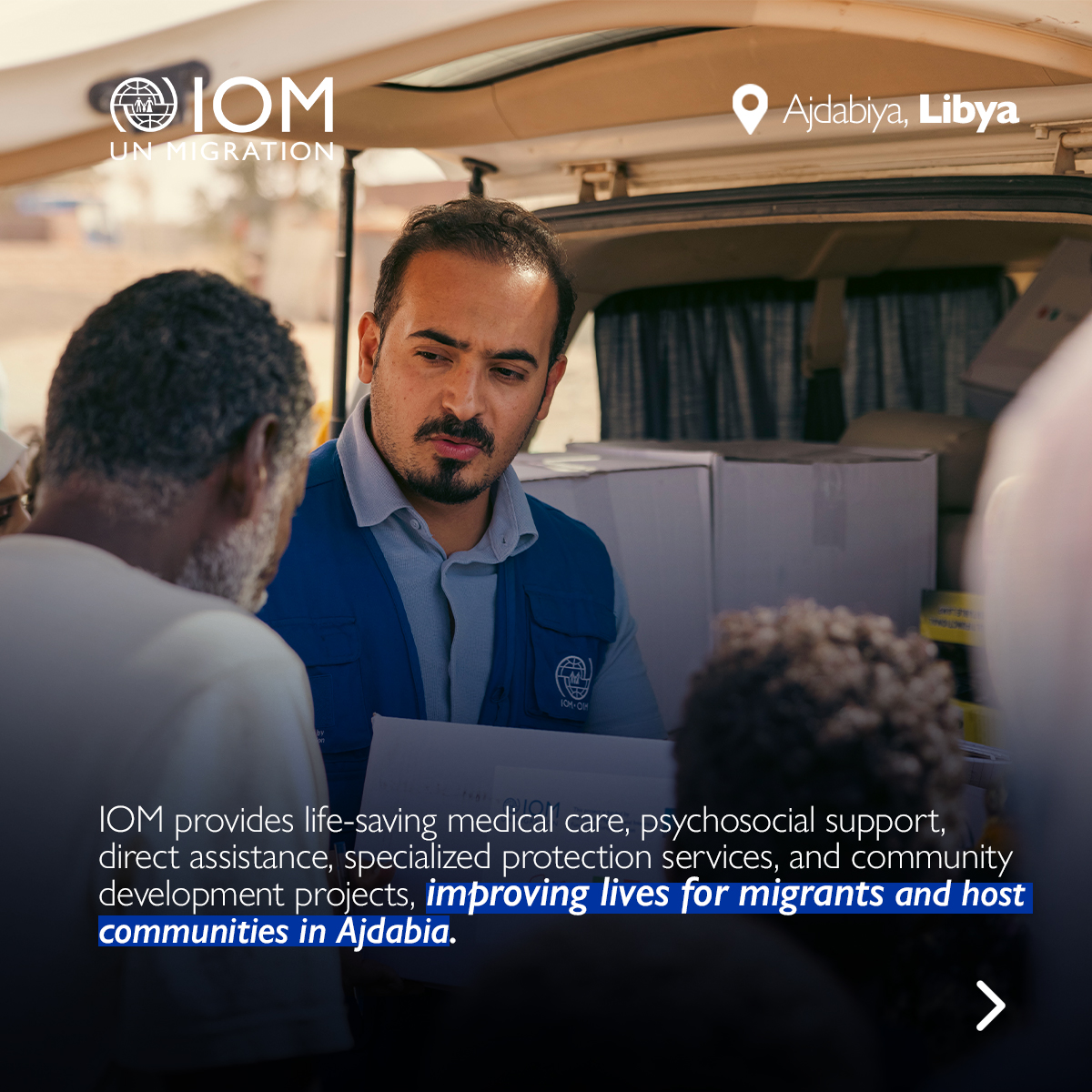 IOM_Libya's tweet photo. With thanks to #RDPP-NA, funded by 🇪🇺 &amp; 🇮🇹, IOM is promoting rights-based solutions for migrants &amp; host communities in Ajdabiya. Through the Migrant Resource &amp; Response Mechanism, IOM provides life-saving aid, health services &amp; psychosocial support, building resilience for all. https://t.co/LFCqPaAUWa