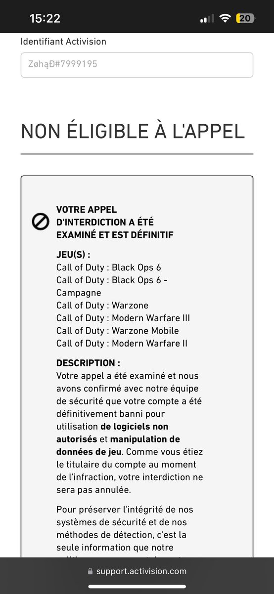 SkyJackFr's tweet photo. Vous m’expliquerez ?j’ai 350h de jeu il me ban a 4h du matin pour logiciel malveillant alors cas 0 moment je cheat !!! 
Tu paie le jeu 110€ , 10.000 de CP pour te faire ban comme ca sans raison 
@ATVIAssist @Activision @BanActivision https://t.co/FUyrWCkzRP