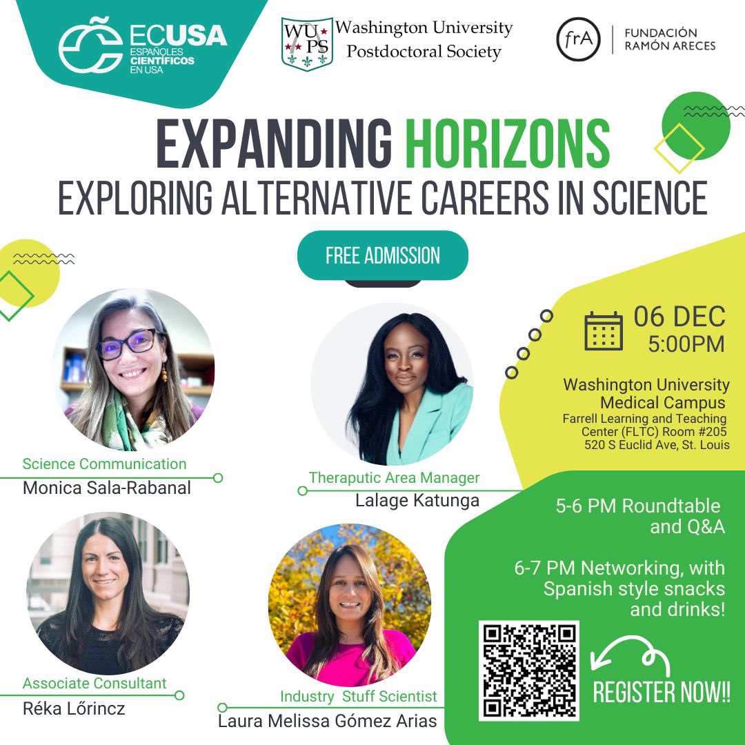🥳Join us in Saint Louis for *Expanding Horizons*, an event in collaboration with the WU Postdoc Society <a href="/WashuWups/">WashU PostDoc Society (WUPS)</a> designed to help you discover exciting career paths in science beyond traditional research roles!

🗓️ 12/6
⏲️ 5PM CT
📍Washington University Medical Campus. Farrell