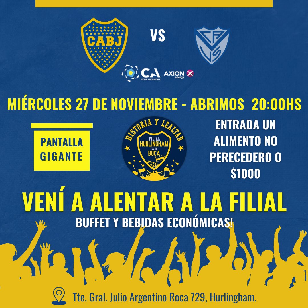HurlinghamBoca's tweet photo. 🇸🇪 Vení a ver el partido a la Filial 🇸🇪
⚽ BOCA vs Velez
🏆 Copa Argentina
🕖 Abrimos a las 20:00hs
🍔 Buffet y bebidas a precios económicos.
🔳 Pantalla gigante
📍 Tte. Gral J.A Roca 729, Hurlingham.

⚠️ ENTRADA: UN ALIMENTO NO PERECEDERO O $1000 ⚠️ https://t.co/S9UHf8pxiv