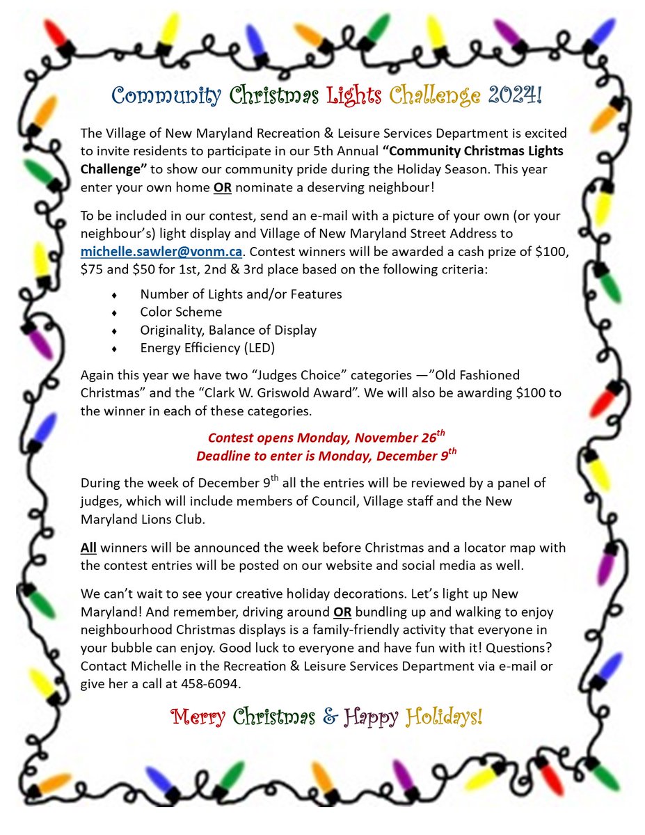 Returning for our 5th year! The Community Christmas Lights Challenge is now OPEN! Nominate yourself or a neighbour's dazzling holiday display. Contest closes Monday, December 9th. Judging will take place later that week. Lots of cash prizes to be won! See full details below. - MS