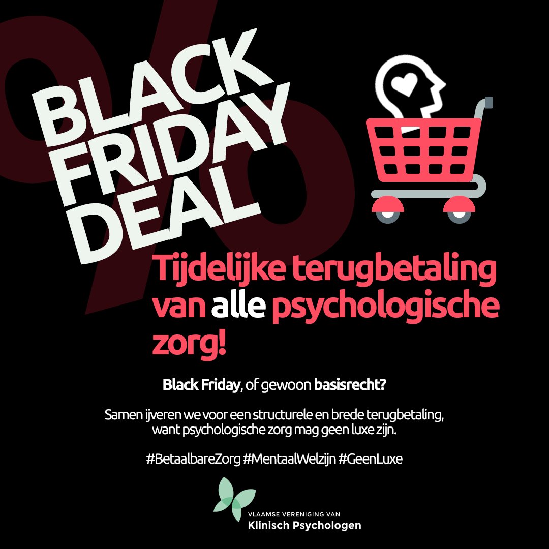 ❓ Wat als psychologische zorg net zo betaalbaar was als een Black Friday-deal? Samen ijveren we voor een structurele en brede terugbetaling van psychologische zorg. Want mentaal welzijn mag geen luxe zijn.

#BetaalbareZorg #MentaalWelzijn #GeenLuxe