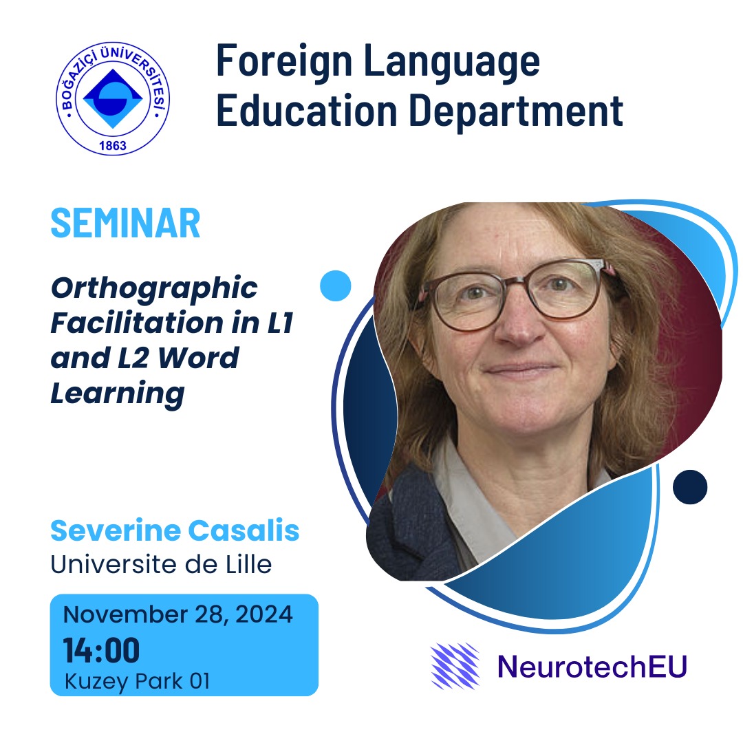 NeurotechEU (@theneurotecheu) on Twitter photo 📢 Join <a href="/UniBogazici/">Boğaziçi Üni.</a> for a seminar by Séverine Casalis from <a href="/univ_lille/">Université de Lille</a> !
Discover insights into how orthographic forms impact word learning in native and second languages, and explore effective teaching strategies.
All are welcome - don’t miss this engaging session! 🌟 📢 Join <a href="/UniBogazici/">Boğaziçi Üni.</a> for a seminar by Séverine Casalis from <a href="/univ_lille/">Université de Lille</a> !
Discover insights into how orthographic forms impact word learning in native and second languages, and explore effective teaching strategies.
All are welcome - don’t miss this engaging session! 🌟