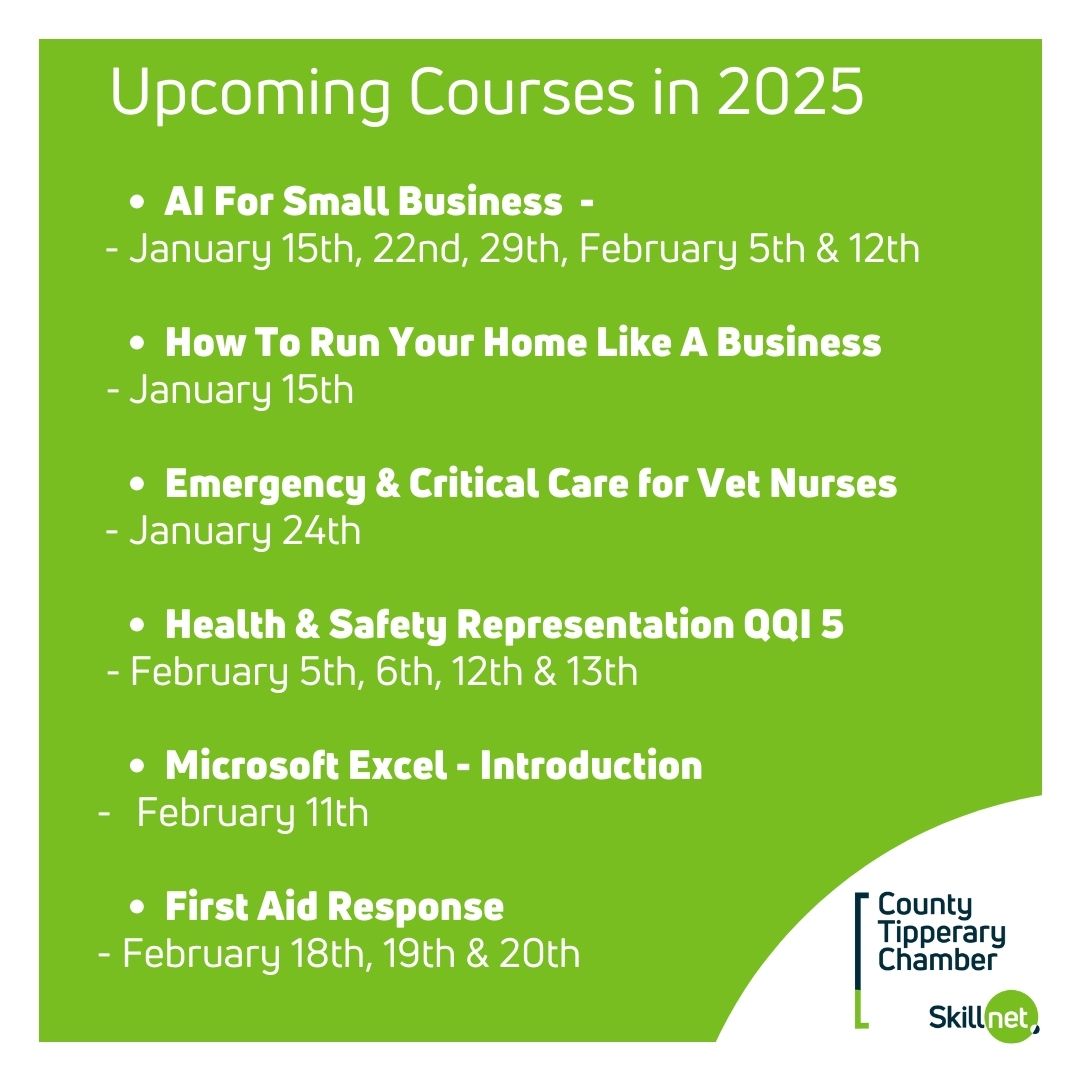 County Tipperary Chamber Skillnet (@cotippskillnet) on Twitter photo It's never too early to start planning your future! Check out some of our courses coming next year and get a head start on 2025. To see our full range of courses visit bit.ly/3zm3wPA and book your place. #ThinkTalent #TrainingCourses <a href="/CTChamber/">County Tipperary Chamber</a> It's never too early to start planning your future! Check out some of our courses coming next year and get a head start on 2025. To see our full range of courses visit bit.ly/3zm3wPA and book your place. #ThinkTalent #TrainingCourses <a href="/CTChamber/">County Tipperary Chamber</a>