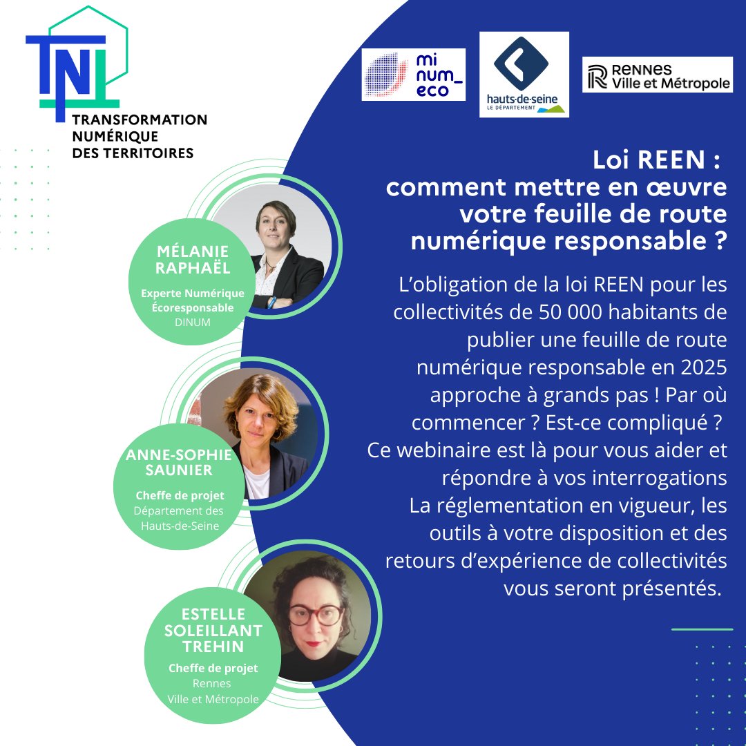 Programme__TNT's tweet image. 🌱 Nouveau webinaire du @Programme__TNT !
Au programme / Loi #REEN : #CollTerr comment mettre en œuvre votre feuille de route #numériqueresponsable ?
🗓️RDV le 5/12 à 11h
✅Inscriptions : grist.numerique.gouv.fr/o/tnt/forms/fC…
🎙️Avec @Mi_NumEco_Gouv, @hautsdeseinefr et @metropolerennes