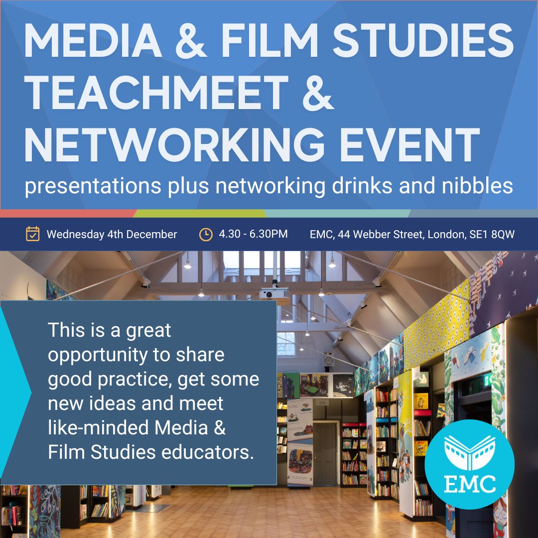Hello!
Hoping to see some of you at our free teacher sharing event next Weds at the EMC . We still have room for 1 or 2 more speakers as well.
If you want to come along for some pringles and a chat with other media and film teachers, book your place here: englishandmedia.co.uk/courses/ccf77f…