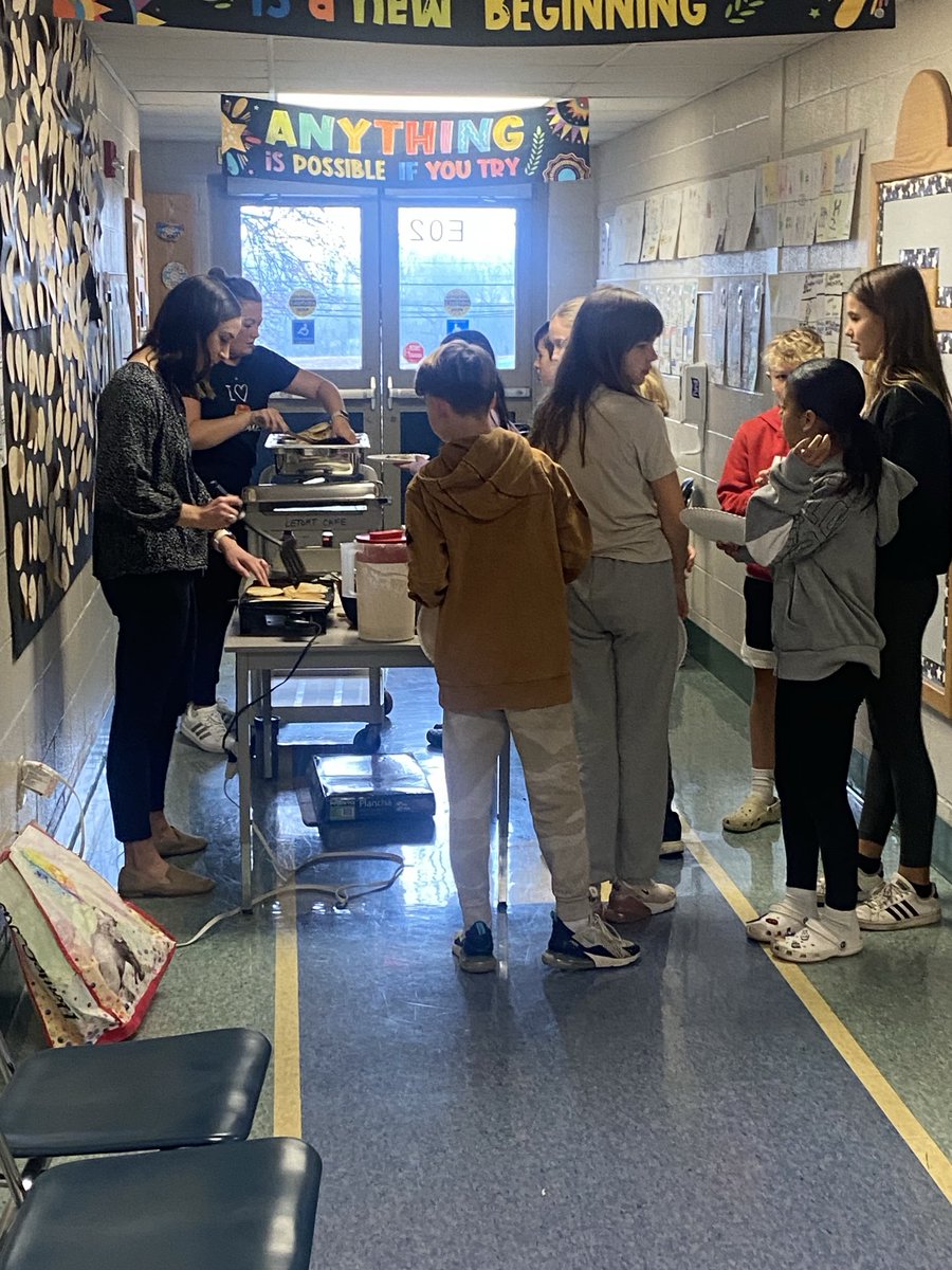 6th Grade “Pancake Breakfast” this morning. The students filled up the Pancake Wall, so Mrs. Tercha &amp; Mrs. Schumacher were busy before school making pancakes for the kids upon their arrival. Love this!! ⁦<a href="/pennmanor/">Penn Manor SD</a>⁩