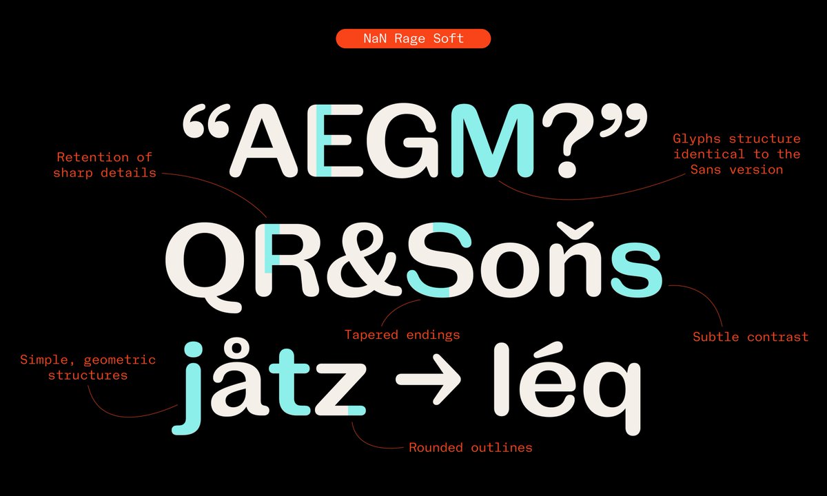 😡 NaN Rage member 4/7 😡

NaN Rage Soft is the softest member of the Rage Typographical Universe. It is a subtly contrasted sans serif with rounded endings.

4 widths * 9 weights = 36 Softies

nan.xyz/fonts/nan-rage…
