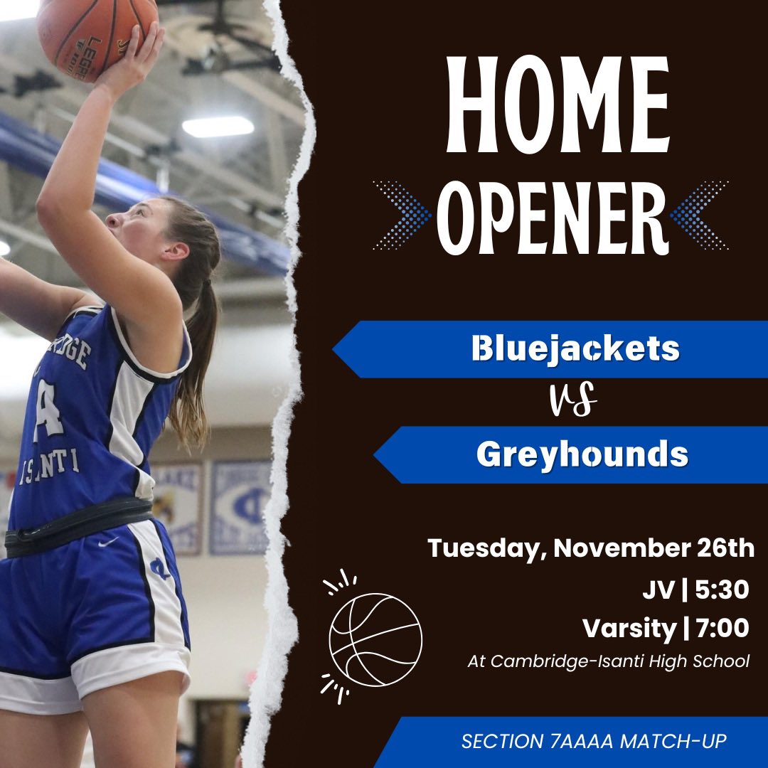 📢🏀 Home Opener Tonight! 🏀📢

🆚 Duluth East 
📍 Cambridge-Isanti High School
⏰ JV - 5:30 | Varsity - 7:00
🎟️ cibluejackets.hometownticketing.com/embed/event/24…
📺 fan.hudl.com/usa/mn/cambrid…