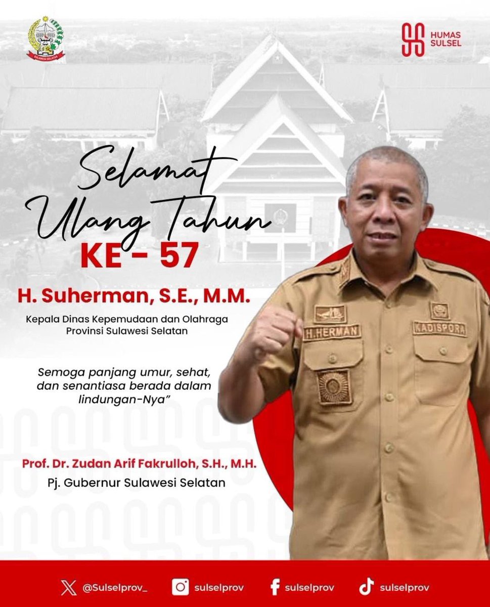 Selamat Ulang Tahun ke 57 Bapak Kepala Dinas Kepemudaan dan Olahraga Provinsi Sulawesi Selatan, H. Suherman, SE., MM
#disporasulsel
#sulselprov
#olahragajaya
#pemudamaju