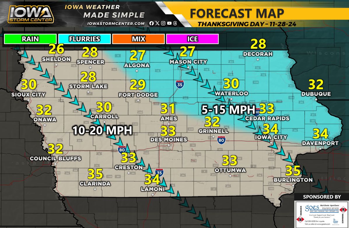Final Thanksgiving Travel Forecast for Wednesday and Thursday –

The main storm system will move south and east of Iowa tomorrow, but we will watch for isolated pockets of drizzle along and south interstate 80 Wednesday morning.

This is followed by a couple of rain showers over