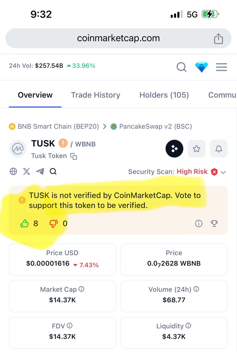 Vote $TUSK to be verified on Coin Market Cap #CoinMarketCap #trendingtoken #tusktoken

coinmarketcap.com/dexscan/bsc/0x…