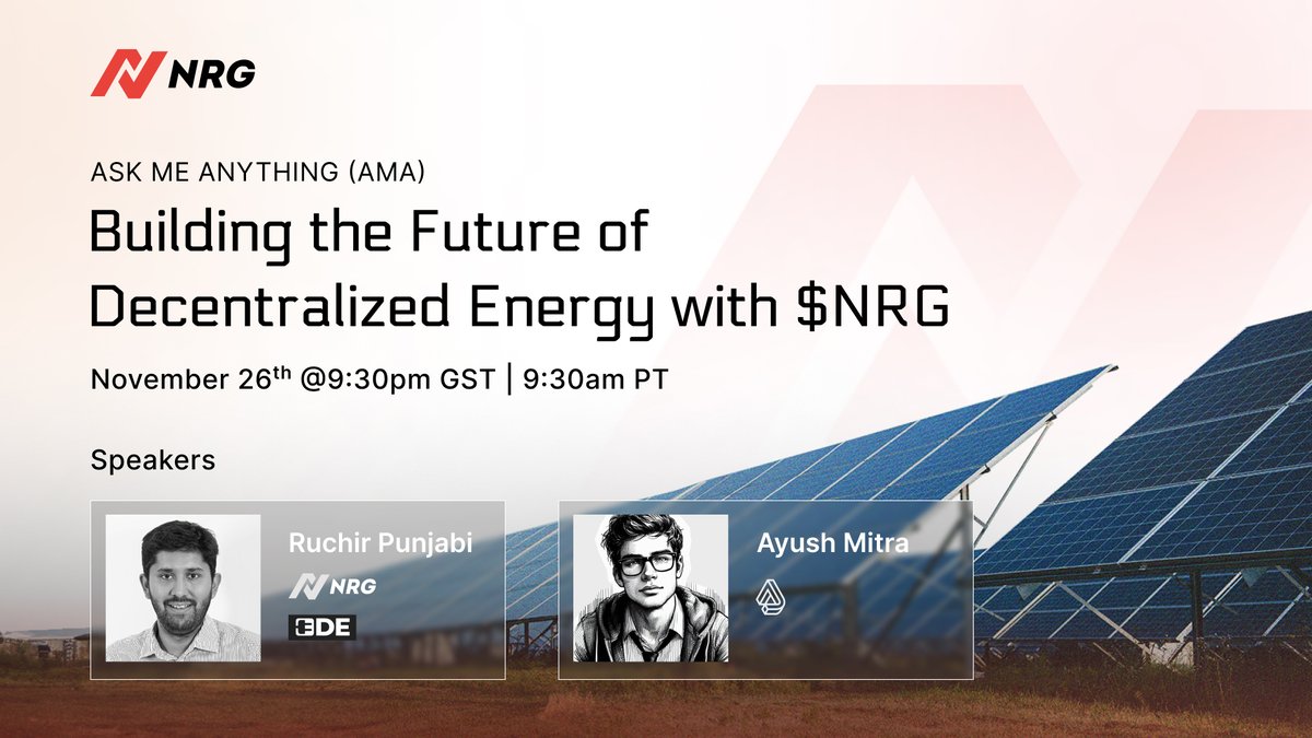 USDkW_'s tweet photo. 🚨 AMA Announcement 🚨

Join us for an exciting conversation with @ruchir_p, Founder & CEO of @_RenewablesN & @DE_dot_Energy  as we explore:

“Building the Future of Decentralized Energy with $NRG”

🗓️ November 26th
⏰ 9:30 PM GST | 9:30 AM PT
📍 (X) https://t.co/lJ2rBfrMUU

Don’t miss the chance to learn about the innovative vision behind $NRG and the future of decentralized energy. Bring your questions and be part of the dialogue!

$NRG #Defi #AMA #CleanEnergy