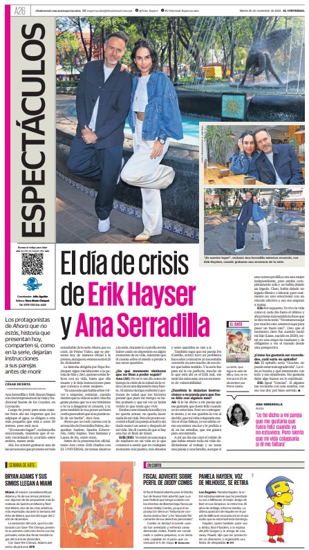 #EnPortada El día de crisis de Erik Hayser y Ana Serradilla. Los protagonistas de "Ahora que no estás", historia que presentan hoy, comparten si, como en la serie, dejarían instrucciones a sus parejas antes de morir.
eluniversal.com.mx/espectaculos/e…
