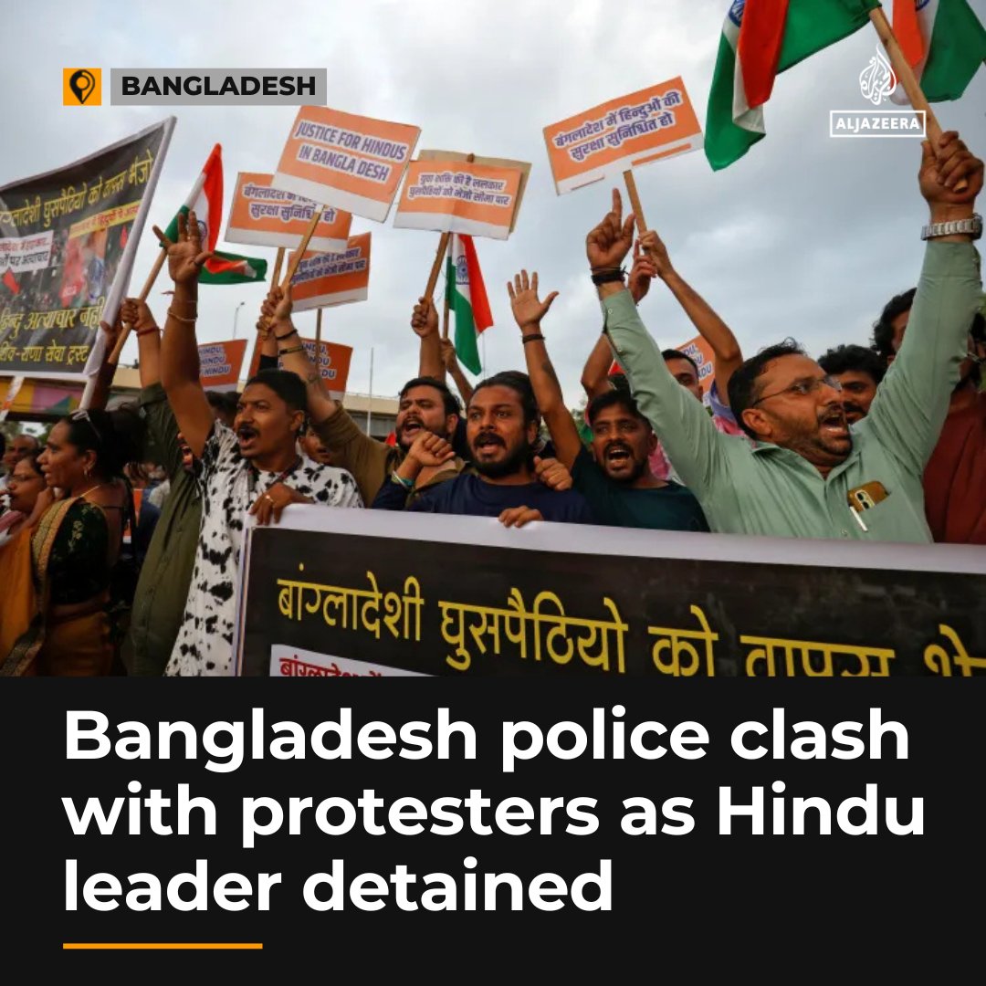 AJEnglish's tweet photo. Police in Bangladesh use tear gas against Hindus protesting against the arrest of religious leader Chinmoy Krishna Das, also known as Krishna Das Prabhu https://t.co/pfevkRbPz4 https://t.co/EJ61vxeUmJ