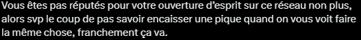 docteurbagarre's tweet photo. C'est cocasse ce reproche.

Personne (PERSONNE) dans la vraie vie n'accepte des gens qui viennent lui taper une leçon au débotté comme ça dans la rue.

Mais on devrait l'accepter sur ce réseau parce que... c'est comme ça.

Mais il paraît que c'est moi qui ait un problème. https://t.co/zd80oc4nZP
