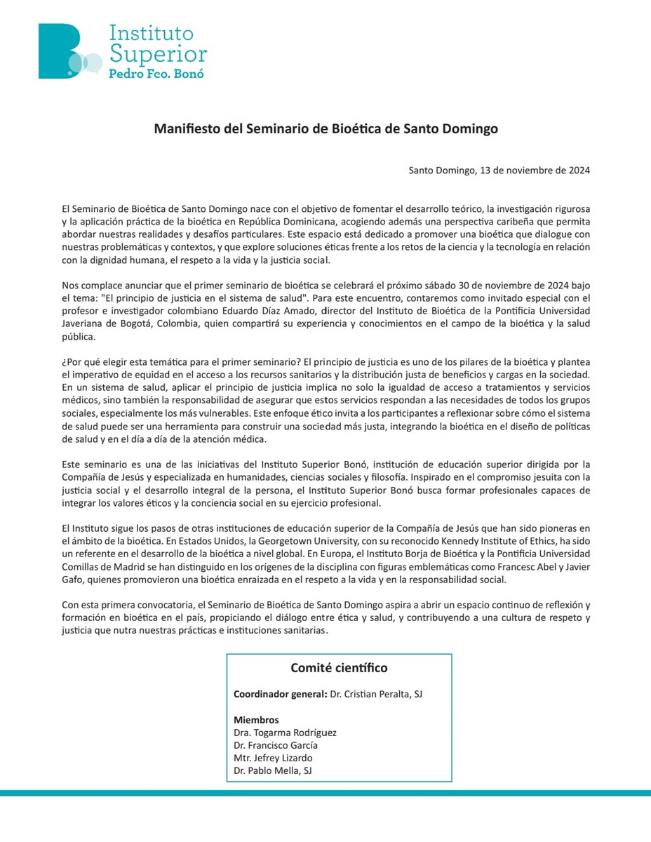 BioeticaPUJ's tweet photo. #Bioéticatecuenta📢 | El próximo 30 de noviembre el profesor Eduardo Díaz @Ediazamado , director del Instituto de Bioética participará en el Primer seminario de bioética de Santo Domingo con la conferencia 'Perspectivas de la justicia, bioética y sistemas de salud'📝 https://t.co/hJ9RICImsG