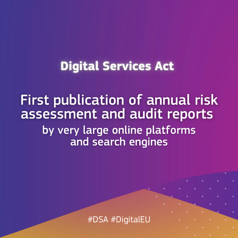 DigitalEU's tweet photo. The 🇪🇺 Digital Services Act brings transparency &amp; accountability to the tech industry, while protecting online users.

This week, 19 very large online platforms &amp; search engines must publish for the first time their annual risk assessment &amp; audit reports under the #DSA.

More ↓