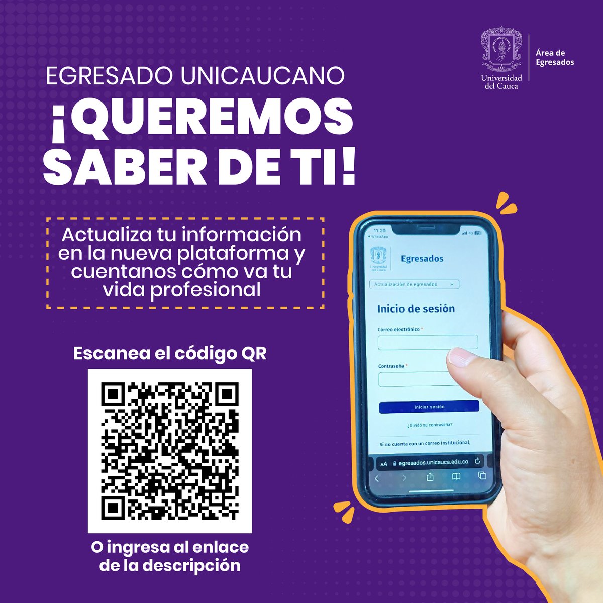 #EgresadosUnicauca
📣¡Queremos saber de ti! 🙌Los invitamos a actualizar sus datos en nuestra nueva plataforma y contarnos como va su vida profesional. 

💻 Ingresa a: egresados.unicauca.edu.co/egresados/encu…

🔐La información suministrada es confidencial

#Unicauca