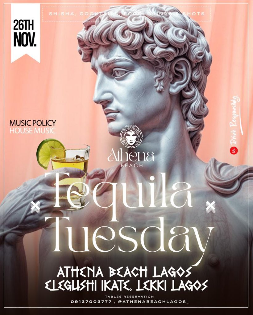 🎶 It's Tuesday, and we're feeling alright,
Tequila shots, under the moonlight🎶

Join us today for Tequila Tuesday at Athena beach Lagos. Click the link to make reservations 

wa.me/2349137003777