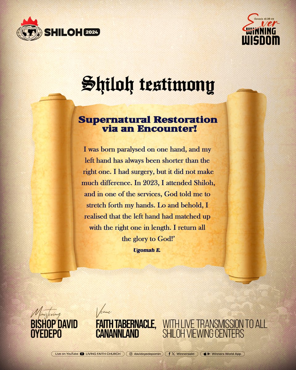Healing is part of the package reserved for Children of God. Matt 15 vs  26
You can take your healing at Shiloh
Come desperate, come expectant &amp; come ready!
Come meet with the Great Physician of all times, Jesus at Shiloh 2024!

Theme: Ever Winning Wisdom
Dates: 10th - 15th,
