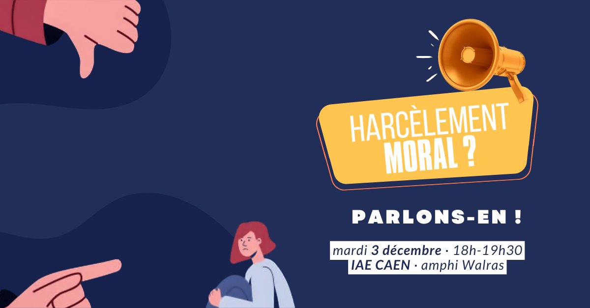 #Conférence | Harcèlement moral : parlons-en ! 🗣️ Neuf étudiantes organisent une table ronde ce mardi 3 décembre à 18h à l'@iaecaen. 5 experts et expertes aborderont mécanismes, aspects juridiques, ressources et soutiens disponibles. Entrée libre👇 unicaen.fr/evenement/le-h…