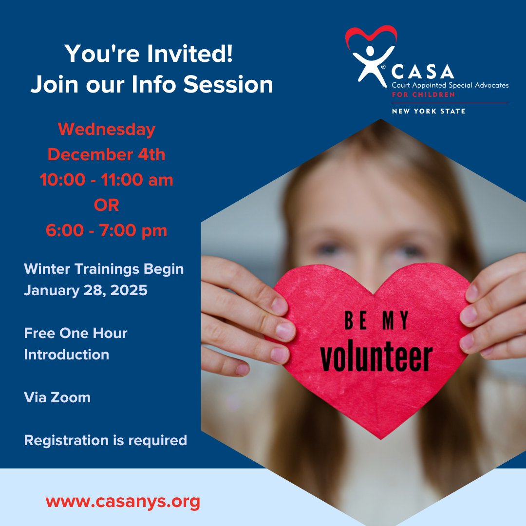 Register today for the last Info Sessions of 2024 here: bit.ly/3TAolx1
Discover what it takes to be a CASA volunteer. There is a child waiting who needs your skills, talents, and advocacy. #ChangeAChildsStory #fostercare