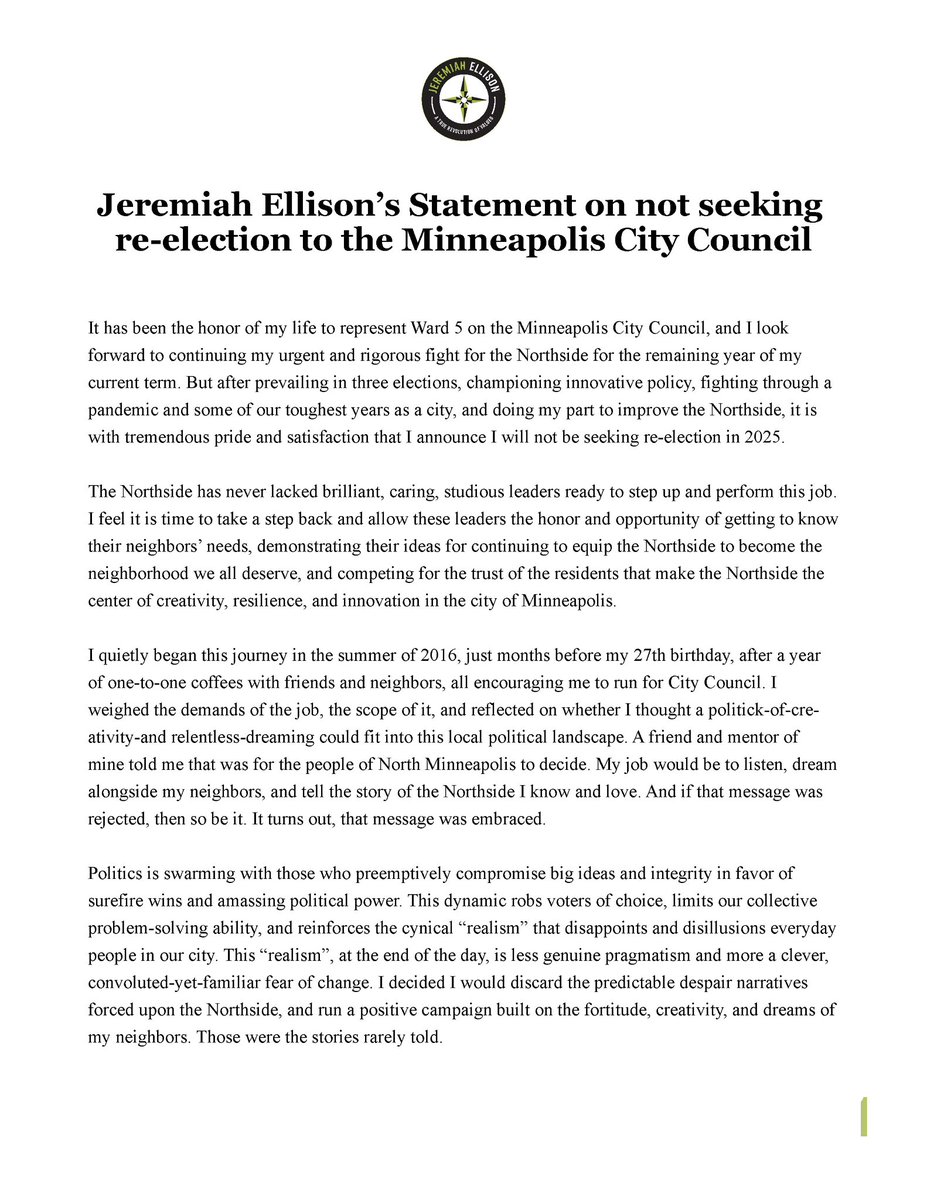 jeremiah4north's tweet image. It’s been an honor to represent North Minneapolis—the love and confidence my community has shown me over the years has been truly humbling.
It is with tremendous pride and satisfaction that I announce I will not be seeking re-election.
Full statement below: