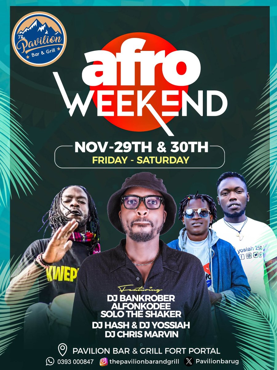 PavilionBarUg's tweet image. We&apos;ve got you covered all week!

Quiz Night on Wednesday and then a return of DJ Bankrobber, Alfonkodee &amp;amp; Solo the Shaker for another awesome &apos;Afro Weekend&apos;, plus our house DJs &amp;amp; DJ Chris Marvin!

See you here soon!

#quiznights #bestvibes #bestnightsout #fortportaltourismcity