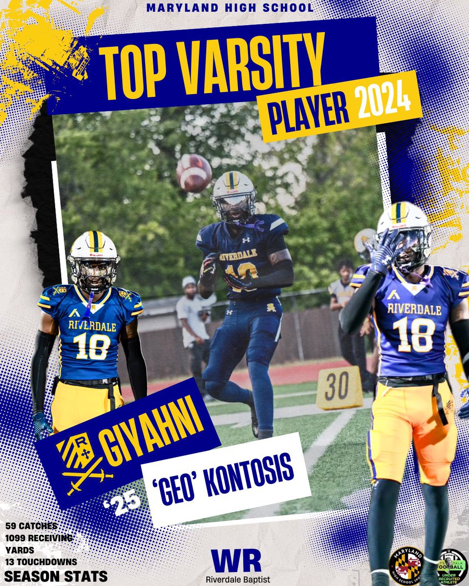 MarylandHigh's tweet image. Giyahni “Geo” Kontosis
Riverdale Baptist
12th Grade 
Varsity
59 Catches 
1099 Receiving Yards 
13 Touchdowns