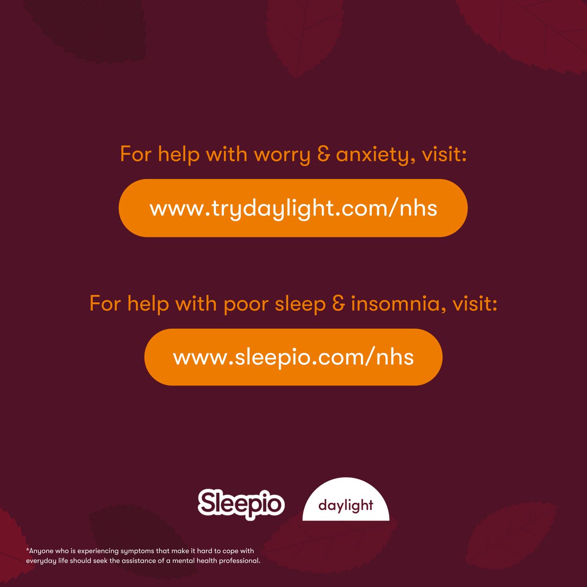 The days are getting shorter 🌙 Many people experience Seasonal affective disorder (SAD) at this time of year. If you suffer with poor sleep or anxiety during the winter months, Sleepio &amp; Daylight may be able to help:

🔗sleepio.com/nhs
🔗trydaylight.com/nhs