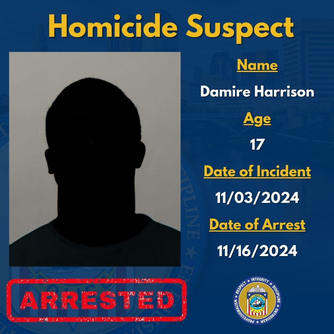 On 11/16/24, officers assigned to the United States Northern Ohio Violent Fugitive Task Force located and arrested 17-year-old Damire Harrison in Lima, Ohio. Mr. Harrison had a warrant out for his arrest for his involvement in the shooting death of 19-year-old Gene Sutton.