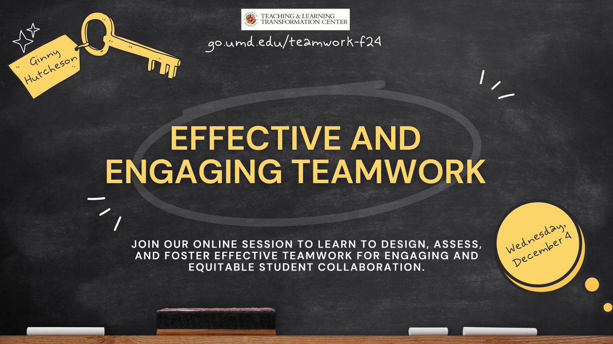 🤝 Join our online session at 7pm on 12/4 to learn to design, assess, and foster effective teamwork for engaging and equitable student collaboration.

🔗 go.umd.edu/teamwork-f24

——

#tltc #umd #teachingandlearning #teamwork
