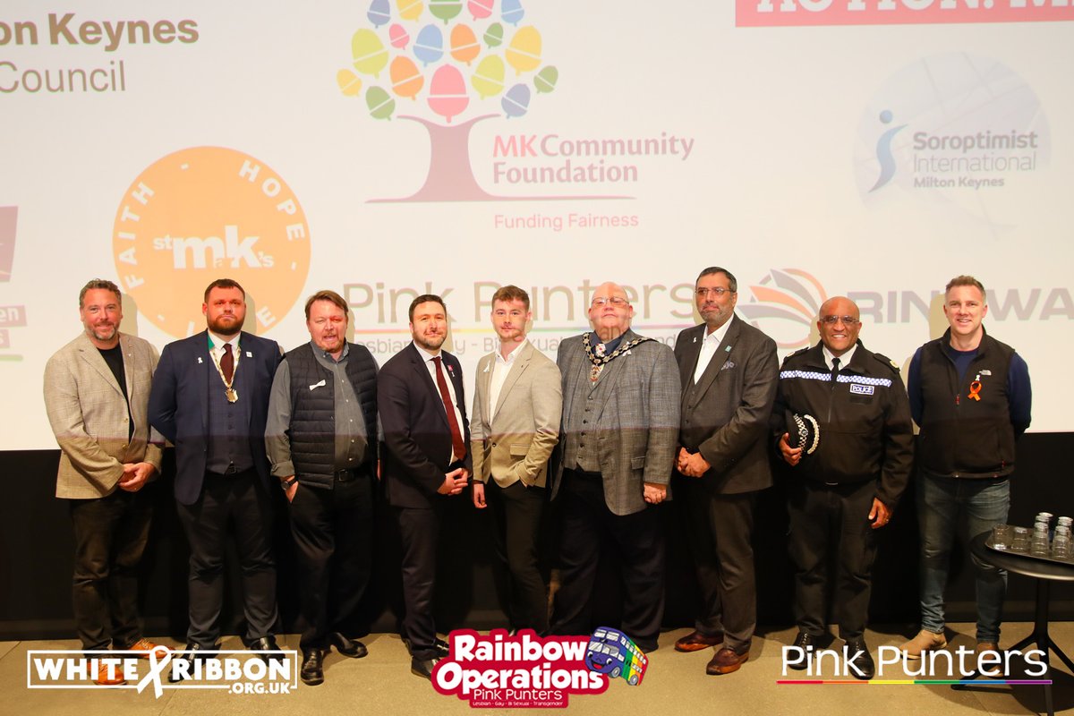 PinkPunters's tweet photo. Pink Punters proudly supports the White Ribbon Campaign! Representing Pinks, Joe McMahon highlighted the need for men to challenge harmful behaviours at MK’s White Ribbon Day. With the Rainbow Bus &amp; our Women’s Safety Team, we’re raising awareness and prioritising safety for all https://t.co/ur1O5ElAHc
