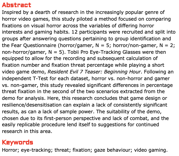 Press Start Journal (@ps_journal) on Twitter photo Another call for reviewers!
We're looking for one reviewer for a manuscript about horror games, gaze behavior and threat fixation amongst different types of players. Have a look at the abstract below and email us at eic.press.start@gmail.com if you're interested!👁️ Another call for reviewers!
We're looking for one reviewer for a manuscript about horror games, gaze behavior and threat fixation amongst different types of players. Have a look at the abstract below and email us at eic.press.start@gmail.com if you're interested!👁️
